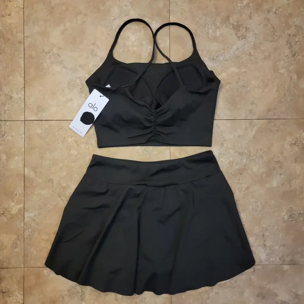 Alo Yoga L Skirt Set Sport Bra Black Activewear Athleisure Pickleball Tennis New